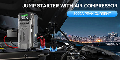Portable Car Jump Starter With Air Compressor, 5000A Peak(7.5L Gas, 6.0L Diesel) , Jump Starter Battery PackWith150 PSl Tire Inf