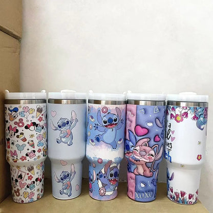 Stitch And Angel Stainless Steel Tumbler Cartoon Comic Thermal Mug With Straws And Lid 40oz Mugs Cup Cold And Hot Water Bottle