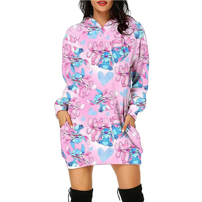 Christmas Disney Brand Stitch Cartoon Long Hoodie Autumn New Mini Sexy Long Sleeved Dress Korean Fashion Elegant Ladies Party