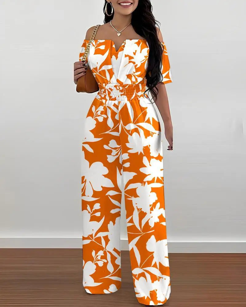 Summer New Women Sexy One Line Shoulder Solid Color Short Sleeve Jumpsuit Slim Elastic Waist Loose Straight Female Long Jumpsuit