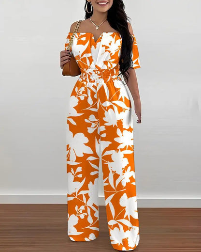 Summer New Women Sexy One Line Shoulder Solid Color Short Sleeve Jumpsuit Slim Elastic Waist Loose Straight Female Long Jumpsuit