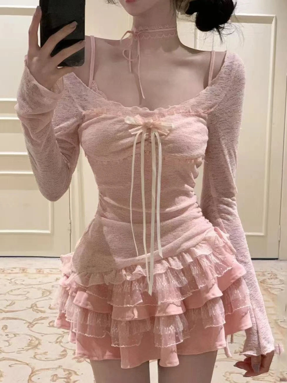 Sweet Kawaii 2-Piece Dress Set Women Sexy Off-Shoulder Corset Tops + Mini Cake Skirt Japanese Casual Harajuku Chic Outfit New
