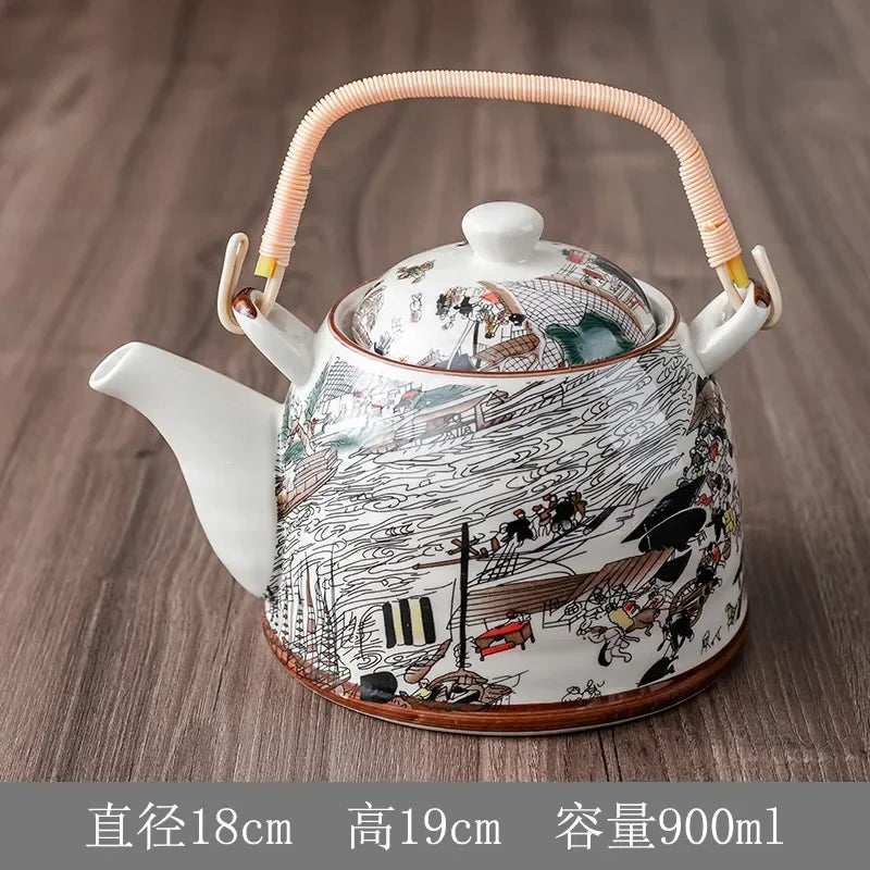 Household Porcelain Teapot Ceramic Large Capacity Pot Blue and White Retro Loop Handle Beam