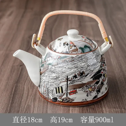 Household Porcelain Teapot Ceramic Large Capacity Pot Blue and White Retro Loop Handle Beam