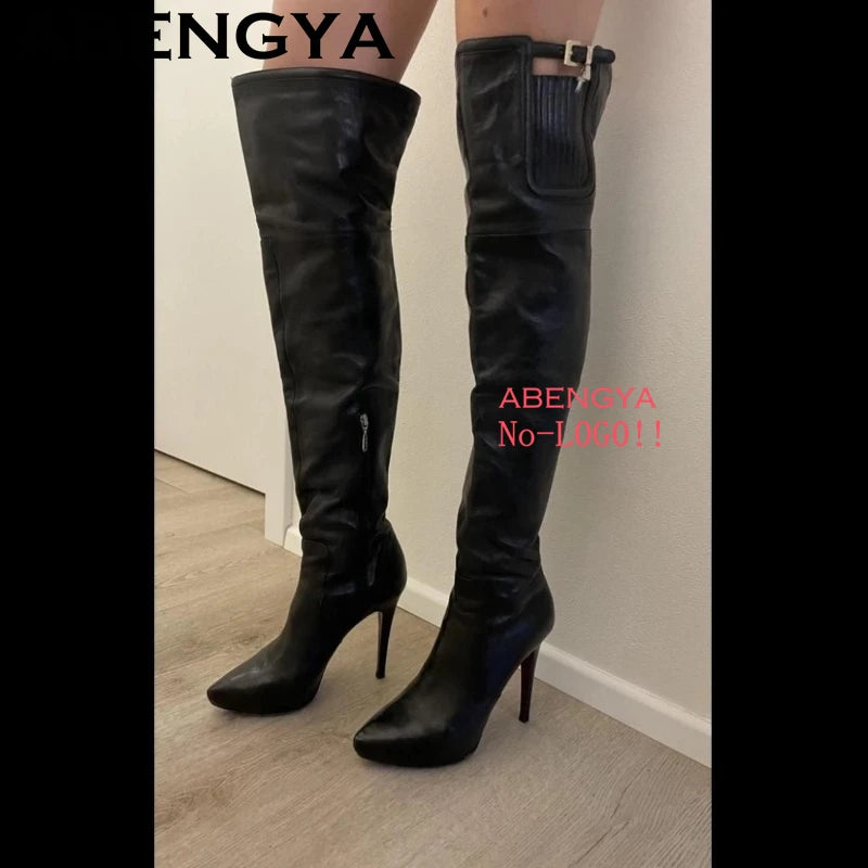 2025 Autumn Winter Fashion Pointy Toe Thin High Heels Long Boots Women Suede Leather Knee-High Boot Sexy Slim Knight Botas Mujer