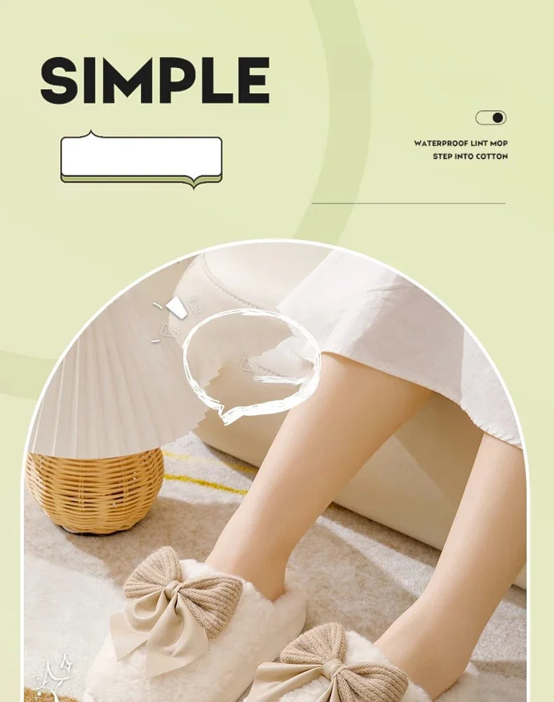 Thick Soled Non Slip Home Plush Slippers 2025 New Cotton Slippers for Women Bow Slippers for Autumn and Winter Warm for Women