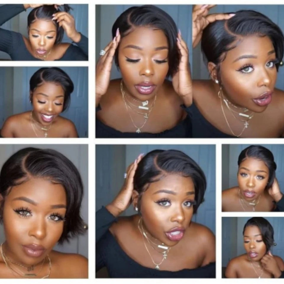 Straight Pixie Cut Wig Transparent Lace Human Hair 13×4 Human Hair Wigs Short Bob Wig For Black Woman hair Natural Color/#4
