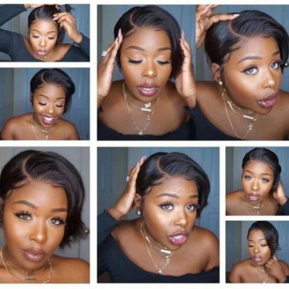 Straight Pixie Cut Wig Transparent Lace Human Hair 13×4 Human Hair Wigs Short Bob Wig For Black Woman hair Natural Color/#4