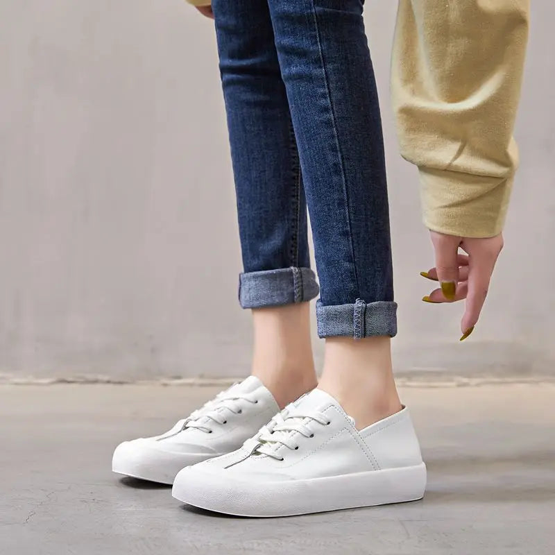 GKTINOO Genuine Leather Lace Up White Shoes For Women Flats Heel Sofe Soles Sneakers Shoes Luxury Leisure Fashion Big Head Shoes