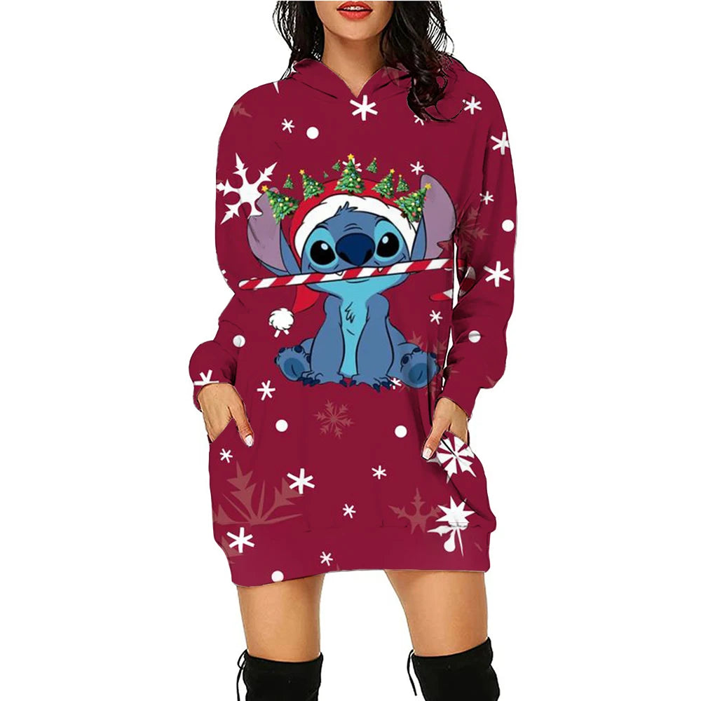 Christmas Disney Brand Stitch Cartoon Long Hoodie Autumn New Mini Sexy Long Sleeved Dress Korean Fashion Elegant Ladies Party
