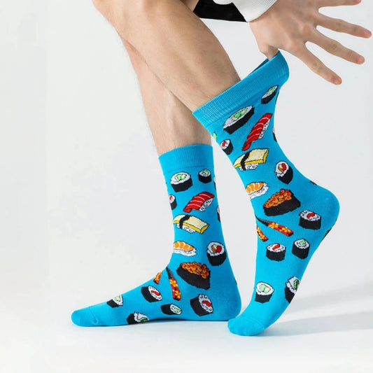 1 Pair Crew Socks With Japanese Cuisine Sushi Food Print In Blue, Comfortable Breathable Moisture-Wicking, Interesting Novelty