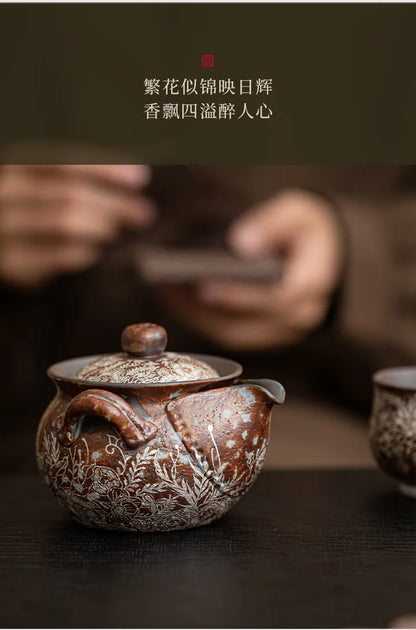 190ml Retro Flower Gilded Silver Hand Grasping Pot Old Rock Mud Treasure Bottle Pot Coarse Pottery Filter Kettle Kung Fu Teaset