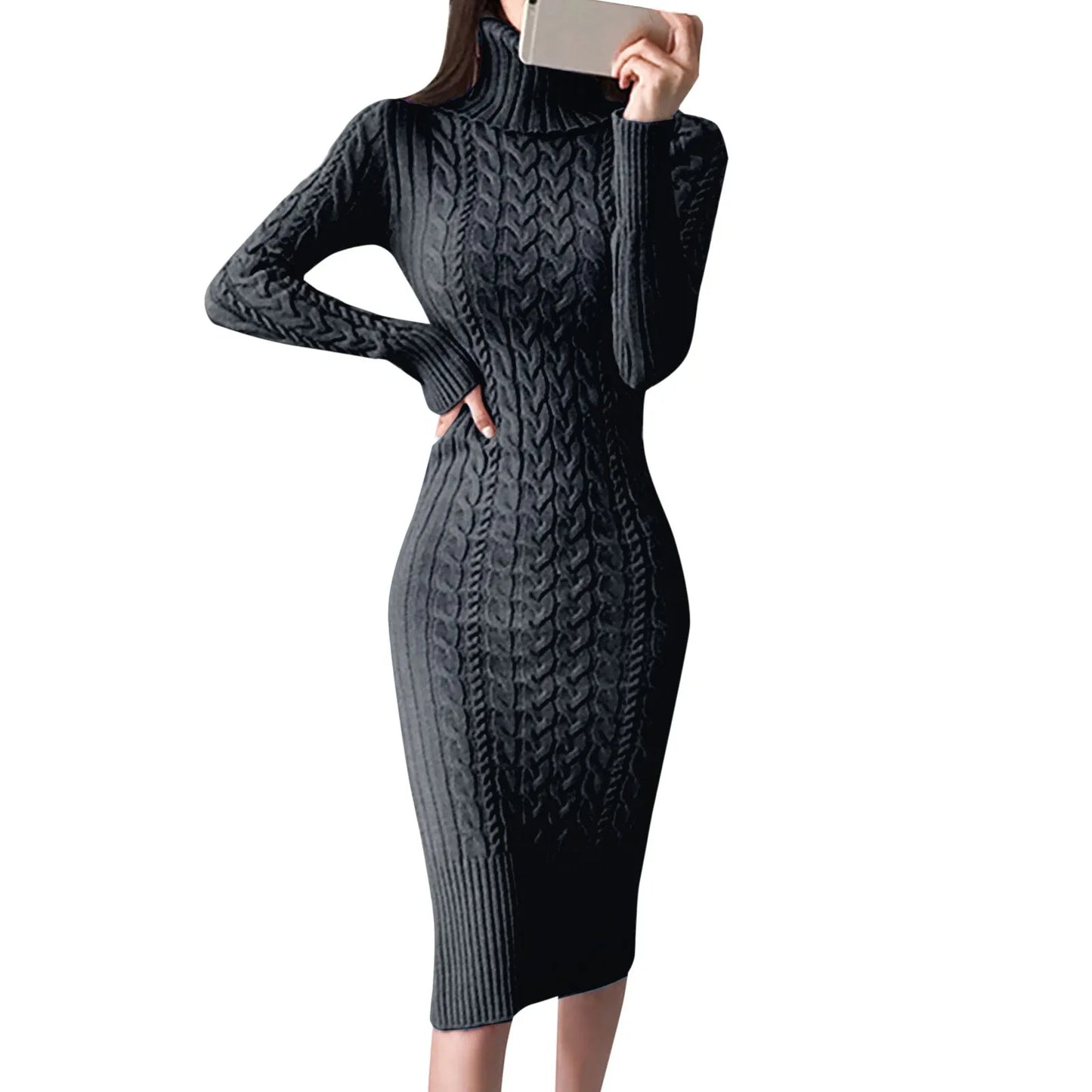 Autumn Winter Women Sweater Dresses Long Sleeve Turtleneck Dress Ladies Solid Color Knitted Bodycon Midi Dress Jumper Dresses
