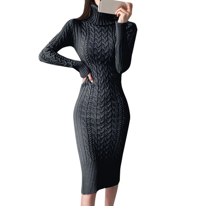 Autumn Winter Women Sweater Dresses Long Sleeve Turtleneck Dress Ladies Solid Color Knitted Bodycon Midi Dress Jumper Dresses