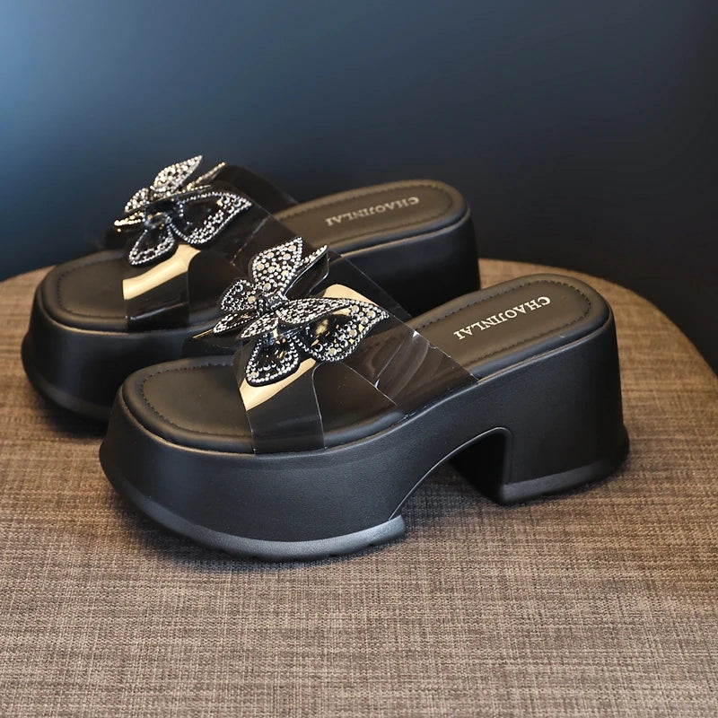 AUTUSPIN 9cm High Thick Heels Women Sandals Summer Sexy Fashion Slides Shoes Crystal Buttetfly PVC Transperant Ladies Shoes