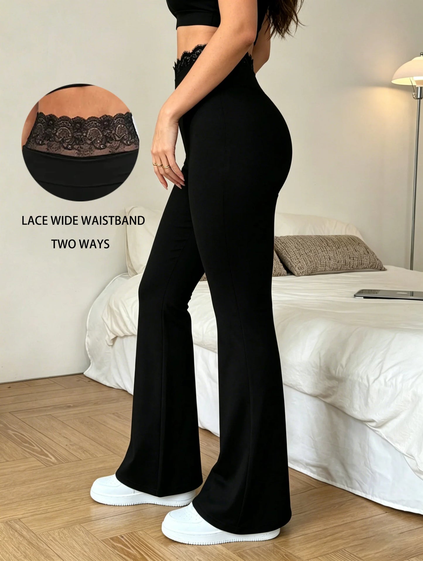 Ladies' lace flared trousers with wide waist design are intellectual, elegant, simple, fashionable, casual and versatile.