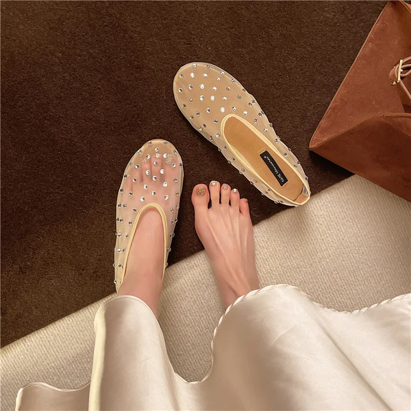 Women Flats Luxury Crystal Rivet Design Sandals Summer Mesh Breathable Ballet Shoes Plus Size Ladies Elegant Party Dress Loafers