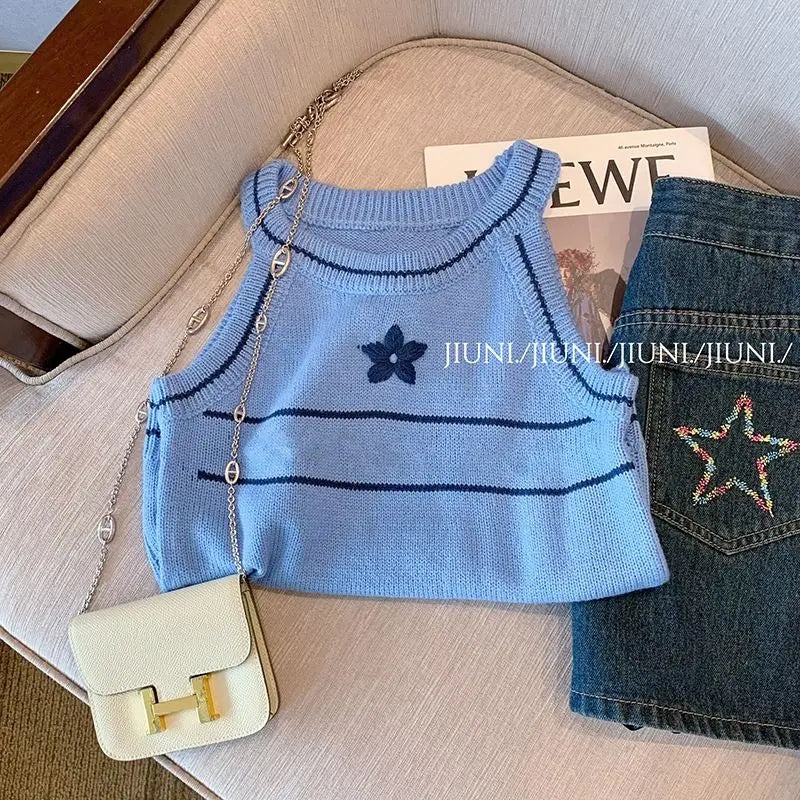 Women's Clothing Fashionable Slim O-neck Knitted Tanks Summer Sexy Chic Geometric Embroidery Sleeveless Tops