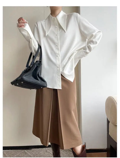 Spring Autumn New Elegant Long Sleeve Loose Shirt Tops Solid Color All-match Fashion Blouse Temperament Korean Women Clothing