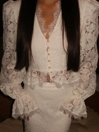 White Lace Patchwork Long Skirt Set Women Chic Full Flared Sleeves V-neck Slim Cropped Sets 2026 Lady Spring Evening Party Wear