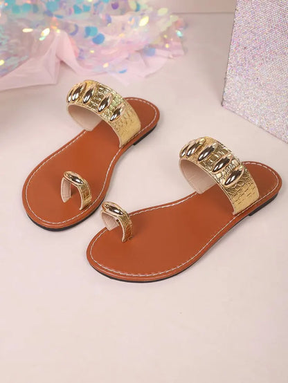 Bohemian Gold Embellished Flat Sandals - Toe Ring Croc Strap Flip Flops, Casual Summer Beach Shoes