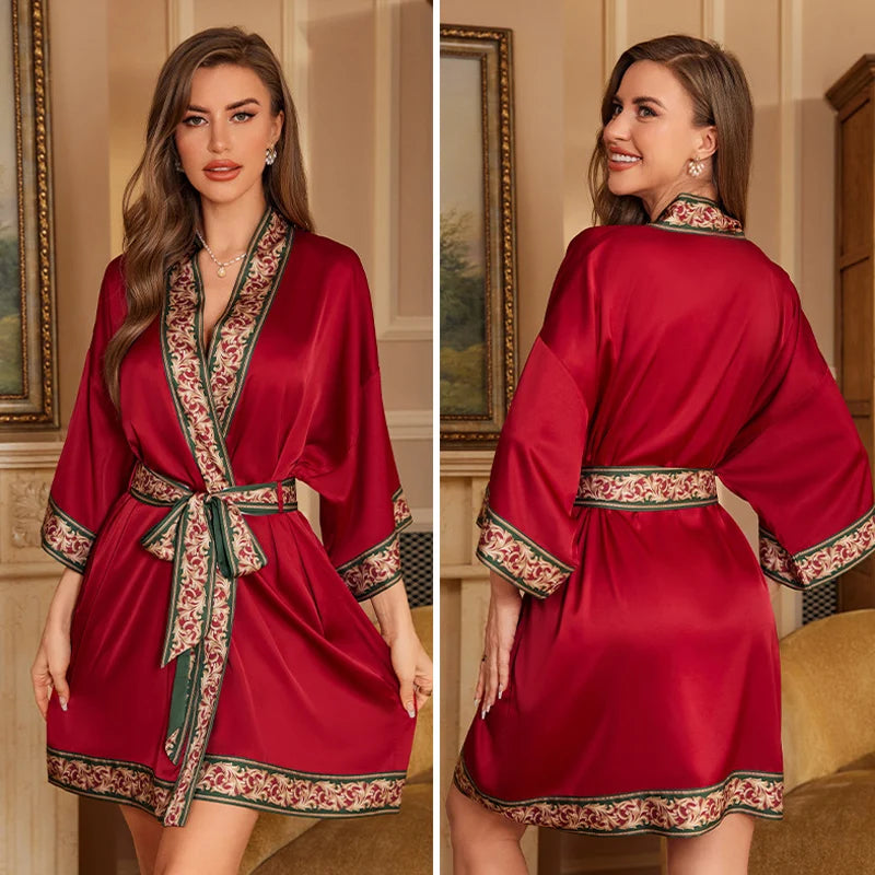 Navy Blue Print Flower Robe Nightgown Silk Satin Female Sleepwear Nightdress Spring Summer Loose Kimono Bathrobe Gown Home Wear