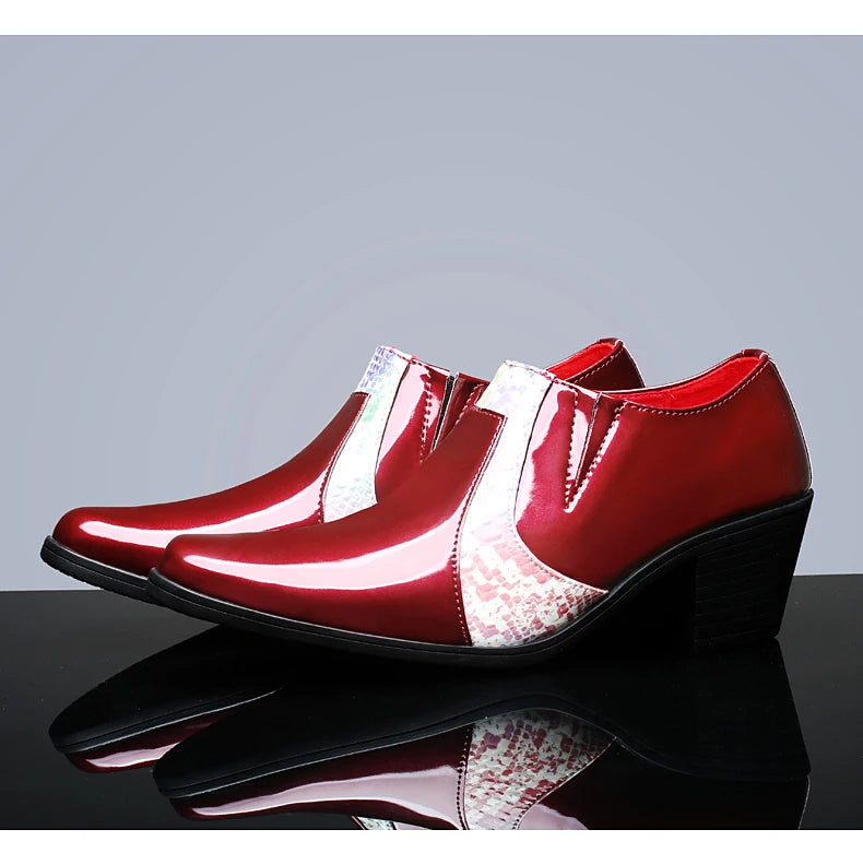 Black Pu Leather Business Dress High Heel Men's Shoes Pointed Toe Slip-on Elegant Party Wedding Shoes Thick Bottom Plus Size