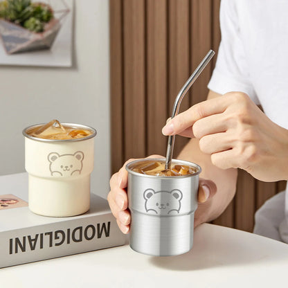 WORTHBUY 300ML Cute Little Bear Water Mug 304 Stainless Steel Coffee Cup With Wooden Anti Scald Pad Office Workers Tumbler