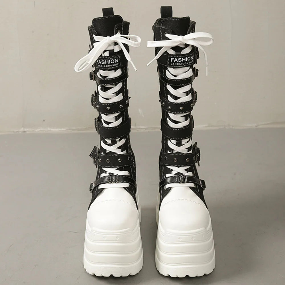 2026 Winter Punk Women Platform Knee High Boots Canvas Patchwork Lace-up Multi Metal Buckle Straps Chunky Heel Motorcycle Boots