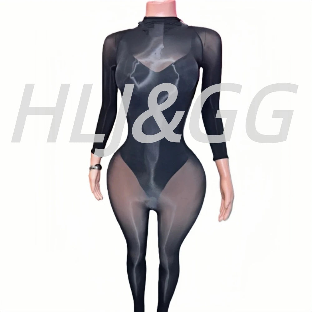 HLJ&GG Black Sexy See Though Bodycon Jumpsuits Women Round Neck Long Sleeve Slim Playsuits And Bodysuits Outfit Fashion Clubwear