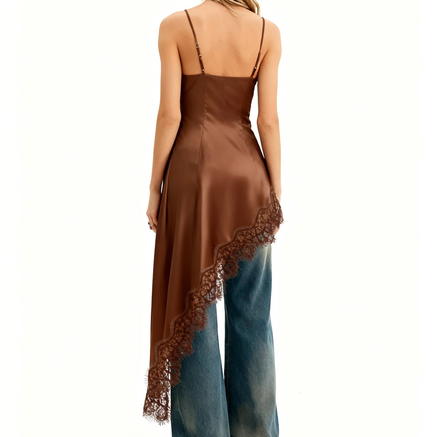 Xingqing Lace Trim Camisole Summer Women V Neck Spaghetti Strap Sleeveless Open Back Irregular Hem Long Tank Tops Streetwear