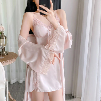 Twinset Lace Bathrobe Gown Set Women Robe Nightgown Lingerie Sleepwear Set Summer Kimono Silky Satin Nightsuits Dress Loungewear