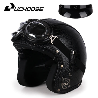 UCHOOSE Retro Motorcycle Helmet PU Leather Open Face 3/4 Chopper Bicycle Helmets Classic Casco Moto Vintage