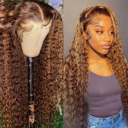 Highlight Curly Wig 13x4 Lace Front Wig Human Hair Wigs 13x4 Human Hair Deep Wave Lace Frontal Wig 4/27 Colored Wigs PrePlucked