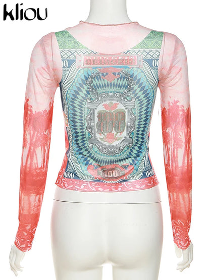 Kliou Mesh Dollar Print Classic T-Shirt Women Casual Aesthetic O-neck Long Sleeve Skinny Tops Hipster Female Gorgeous Attirewear
