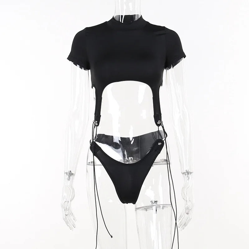 Short Sleeve Bodysuit, Mock Neck Women Y2k Clothes, Hollow Out One-Piece Body Feminino, Lace Up Club Outfits, Sexy Lingerie