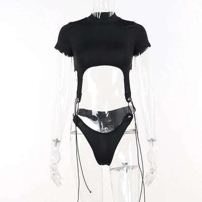 Short Sleeve Bodysuit, Mock Neck Women Y2k Clothes, Hollow Out One-Piece Body Feminino, Lace Up Club Outfits, Sexy Lingerie