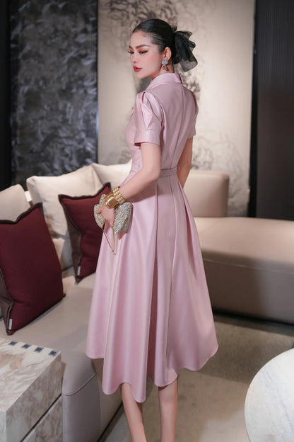 ZJYT Sweet Pink Bow Collar Dress for Women Short Sleeve Midi Formal Party Aline Vestidos Elegant Spring Summer Designer 2025 New