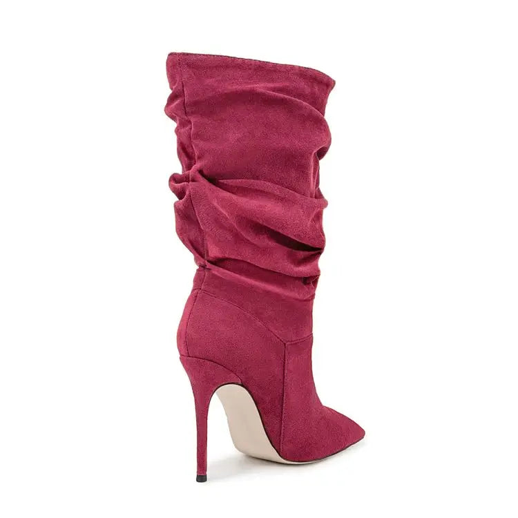 2025Women's Autumn and Winter New Pleated High-heeled Short Boots with Pointed Sleeves, Women's 35-47 Large Mid Length Boots