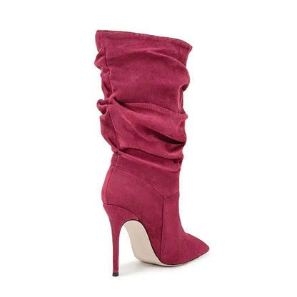 2025Women's Autumn and Winter New Pleated High-heeled Short Boots with Pointed Sleeves, Women's 35-47 Large Mid Length Boots