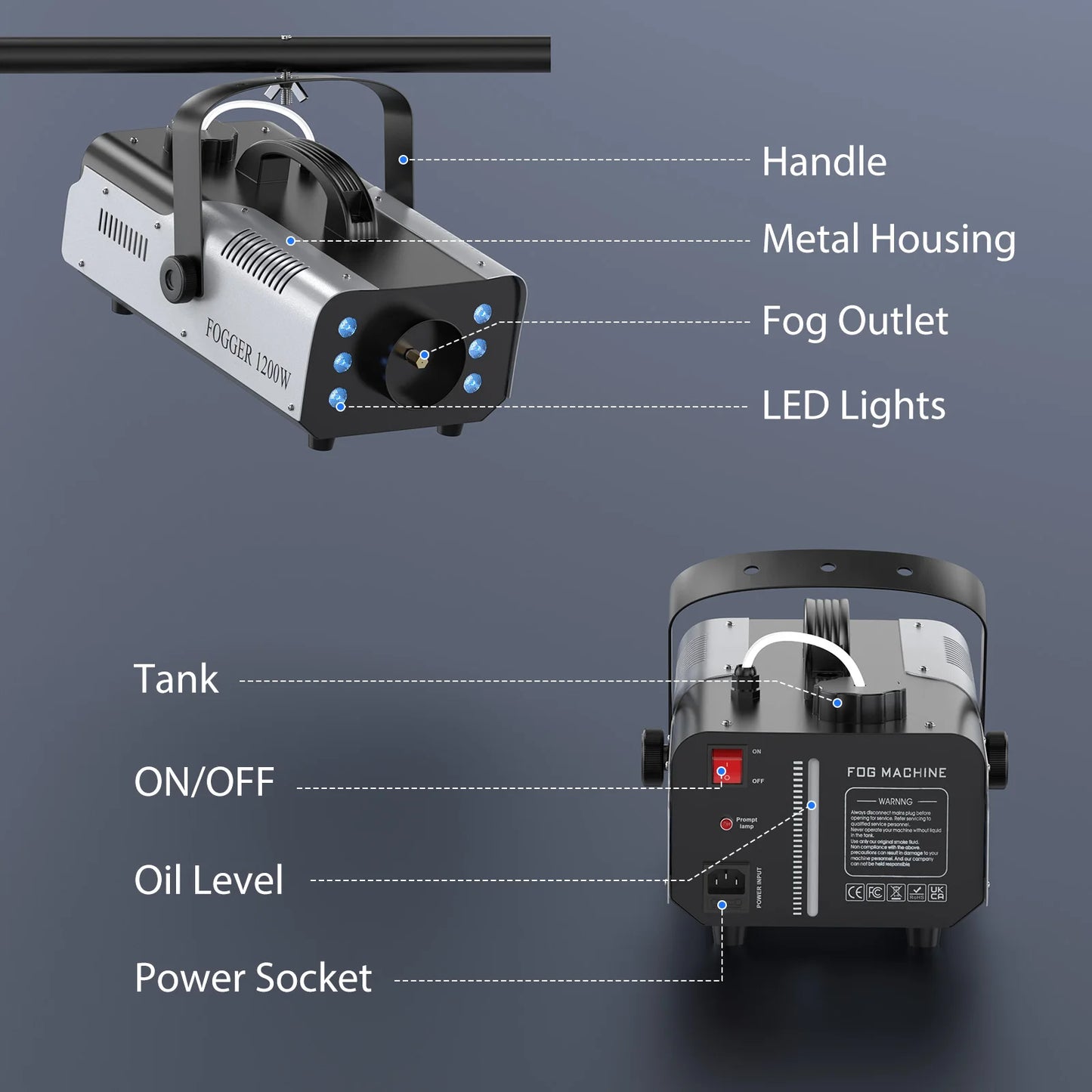 DayFlicker 1200W Fog Machine with RGB 6LEDs Lighting for Play Theater Professional Stage Home Entertainment Halloween Party