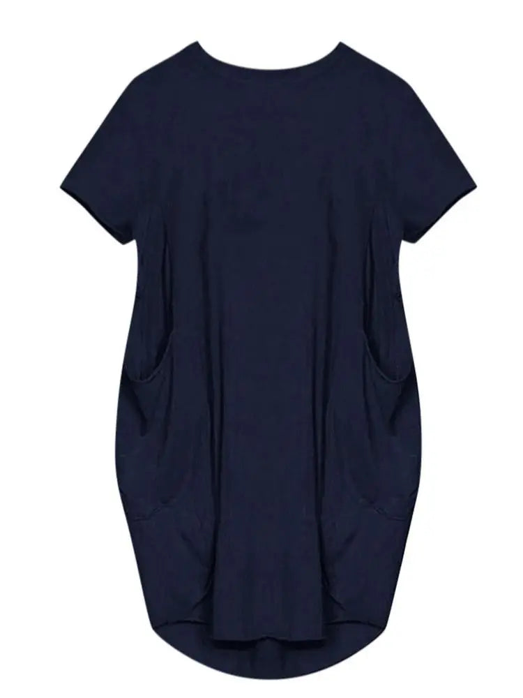 Plus Size Women Short Sleeve O-Neck Loose Casual Dresses Casual Short Sleeve Shirt Mini Dresses Round Neck Pockets Sexy Female T