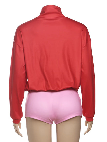 Sisterlinda Panelled Casual 2 Piece Set Hipster Sporty Sweet Zip-up High Collar Full Sleeve Coats+Elastic Waist Shorts Tracksuit