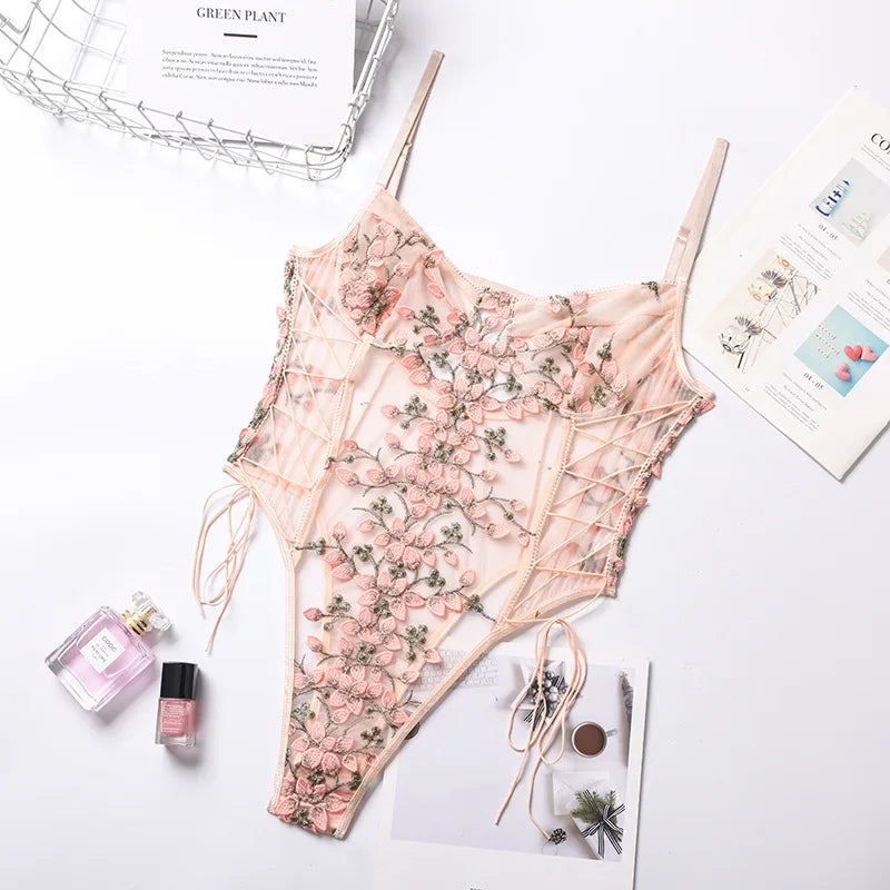 Retro 2024 New Gothic Sexy Mesh Romper Women Punk Aesthetic Fairycore Grunge Emo Floral Embroidery See Through Lingerie Jumpsuit