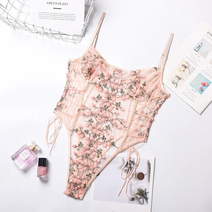 Retro 2024 New Gothic Sexy Mesh Romper Women Punk Aesthetic Fairycore Grunge Emo Floral Embroidery See Through Lingerie Jumpsuit