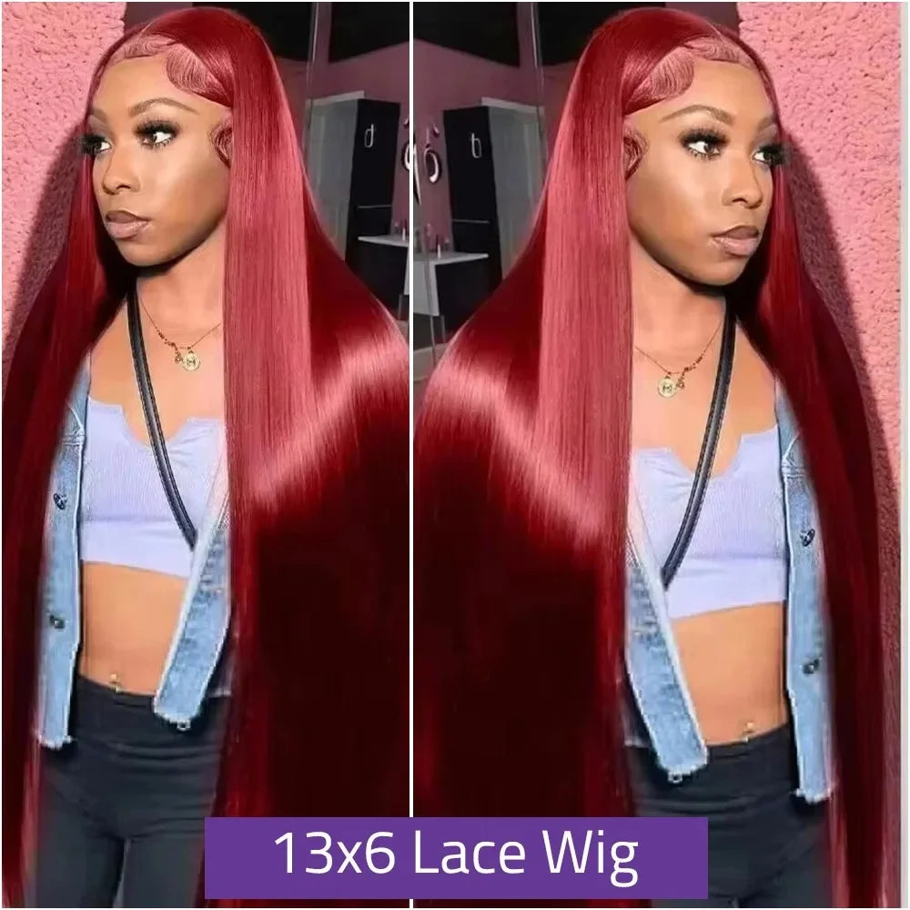 99J Red Burgundy Colored Lace Frontal Human Hair Wigs 13X6 HD  Straight Lace Front Wig250 Density Pre Plucked  Human Hair Wig