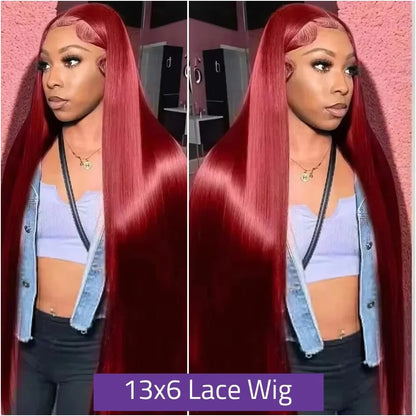 99J Red Burgundy Colored Lace Frontal Human Hair Wigs 13X6 HD  Straight Lace Front Wig250 Density Pre Plucked  Human Hair Wig