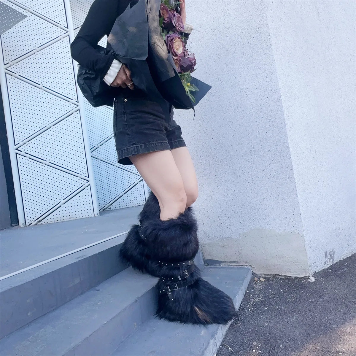 Faux Fur Knee-High Boot Round Toe Height Increasing Wild Winter Warmer Belt Buckle Slip-On Fashion Luxury Sexy Women Shoe Newest