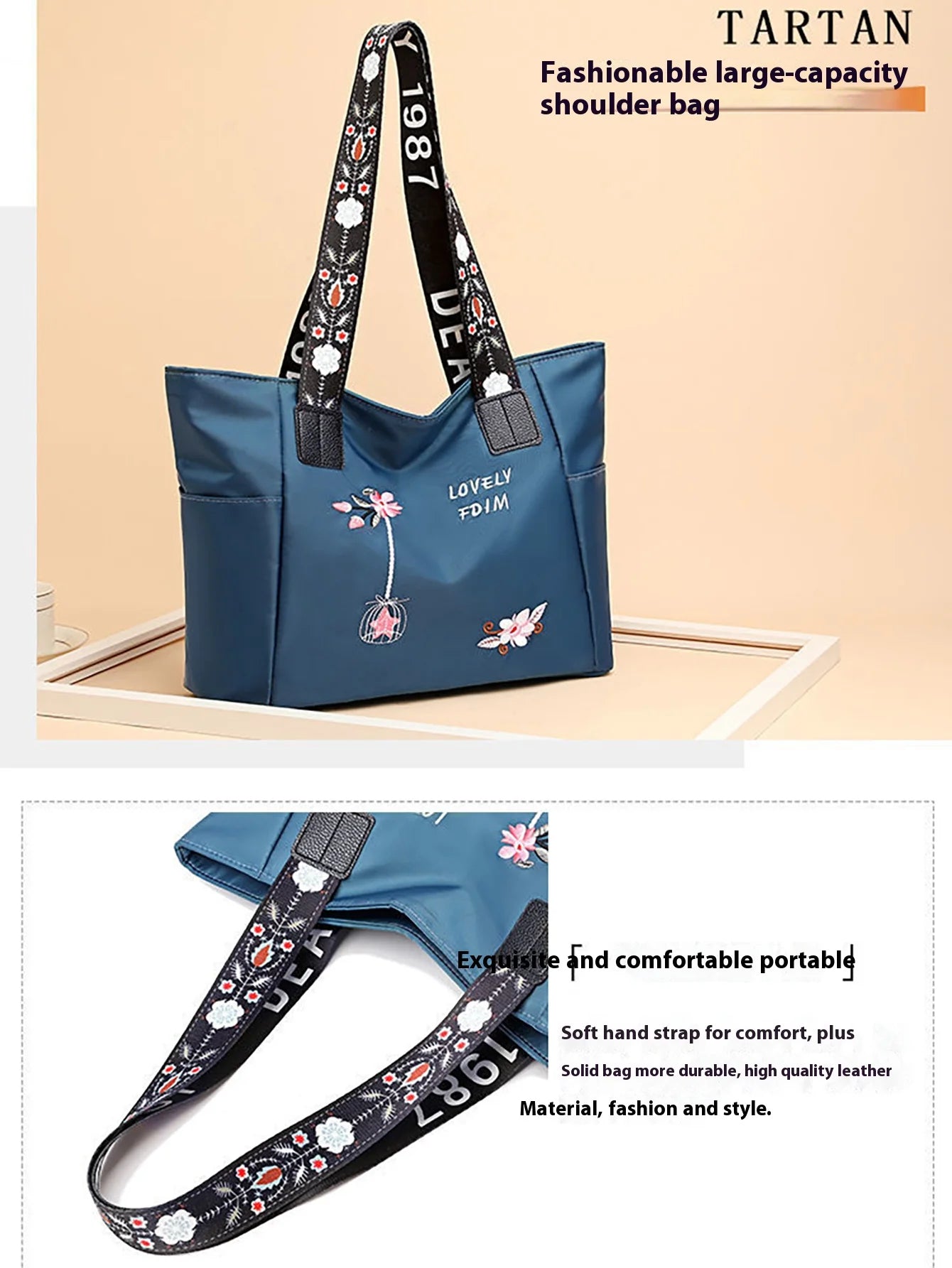 Flower embroidery fashionable oxford cloth handbag large capacity shoulder bag waterproof handbag large canvas bag