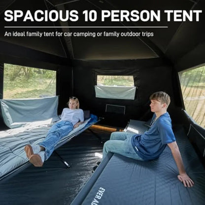 Camping tent for 10 persons, blackout design, black fabric, multi-room layout with rainfly and carry bag, 2 doors, water-resist